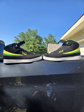 FILA Black High Top Sneakers with Green and Yellow Accents